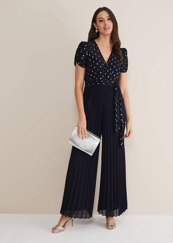 Phase Eight Molli Spot Pleated Jumpsuit Navy Australia | LM1870624